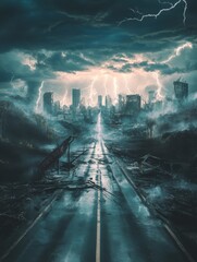 Apocalyptic Cityscape Stormy Night, Ruined City, and Dark Road