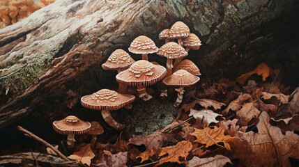 Mushrooms growing on a fallen tree, autumn