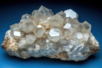 Cluster of translucent crystals on a rock matrix.