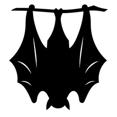 Black silhouette of a bat vector hanging upside down from a branch