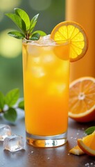Refreshing glass of orange juice, ice cubes visible, vitamin c, breakfast, ice