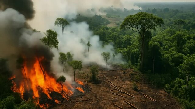 Forest fire devastation in amazon rainforest aerial view environmental crisis smoke and flames