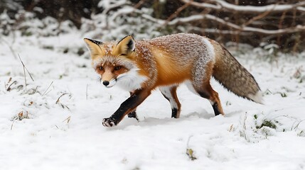 forest red fox walking through fresh snow in the A