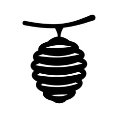 Stylized monochrome drawing of a vector beehive hanging from a simple branch