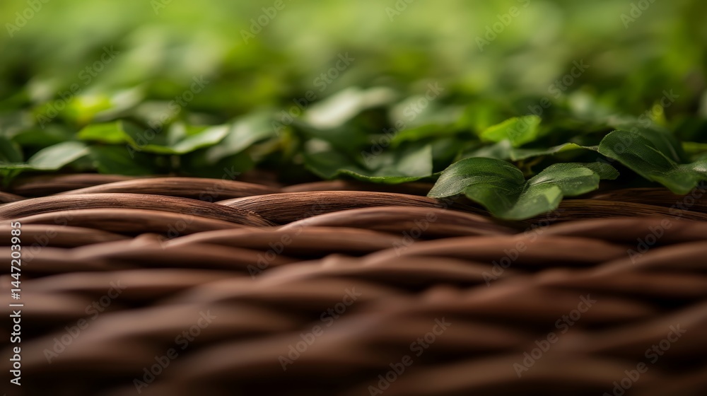 Poster intricate details of woven rattan blend seamlessly with vibrant green ivy, illuminated by sunlight c