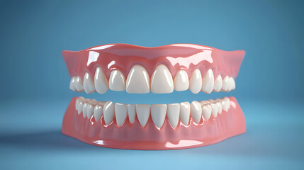 Obraz premium A dental care background featuring 3D white teeth with ample copy space in blue backdrop illustration