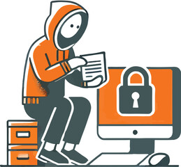 Fototapeta premium Data leakage a person in a hooded sweatshirt is accessing confidential files from a computer.