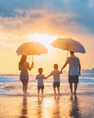 As the golden hour drapes the beach in soft amber light, a family gathers beneath a classic striped umbrella, their faces aglow with warmth and contentment. The sun hangs low on the horizon, casting l