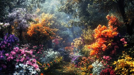 A forest with a variety of flowering bushes, creating a vibrant and colorful landscape.