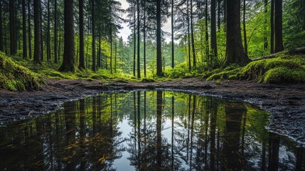 Obraz premium A forest scene with a small pond reflecting the sky and surrounding trees.
