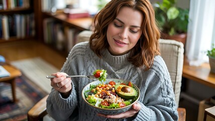 A close-up shot of a person wearing a chunky gray knitted sweater, sitting casually while holding a bowl of healthy salad. She is holding a fork, about to eat.