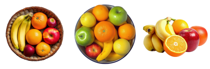 A set of vibrant fruit baskets with apples, oranges, and bananas, isolated on transparent Background