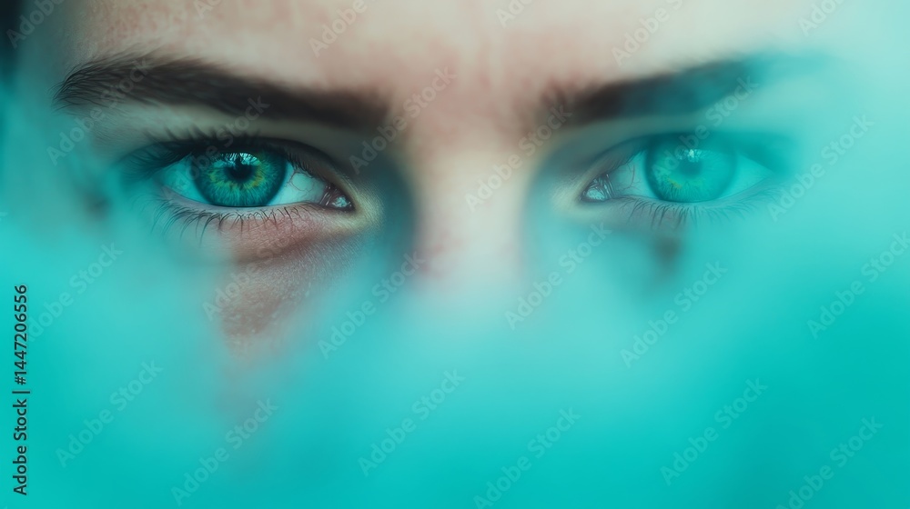 Poster Turquoise eyes gaze intensely through a veil of white vapor, merging warmth with coolness in a surreal twilight setting that captivates the viewer