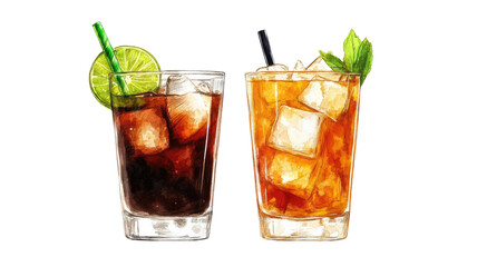 Cuba Libre and Dark & Stormy Cocktail PNG Set on White Background

