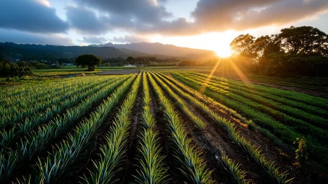 A vibrant view of sprawling pineapple fields bathed in morning sunlight, highlighting the beauty of nature and agriculture against a stunning sunrise backdrop.