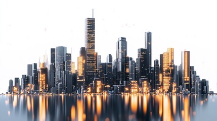 Fototapeta premium Modern Cityscape Skyline Night Lights Urban Architecture Building Design 3d dark view water image 