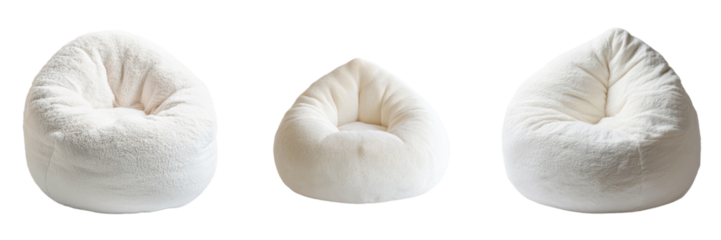 A set of white bean bag chairs with soft plush texture, isolated on transparent Background