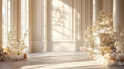 Elegant, sunlit interior with floral arrangements