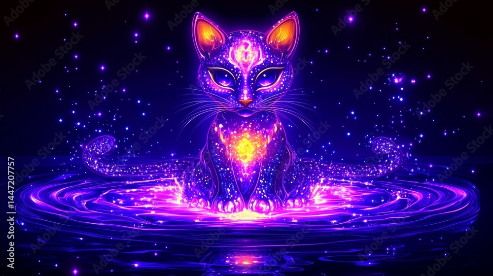 Wall mural cosmic feline apparition in neon radiance a mystical vision of a sparkling guardian gazing from anot