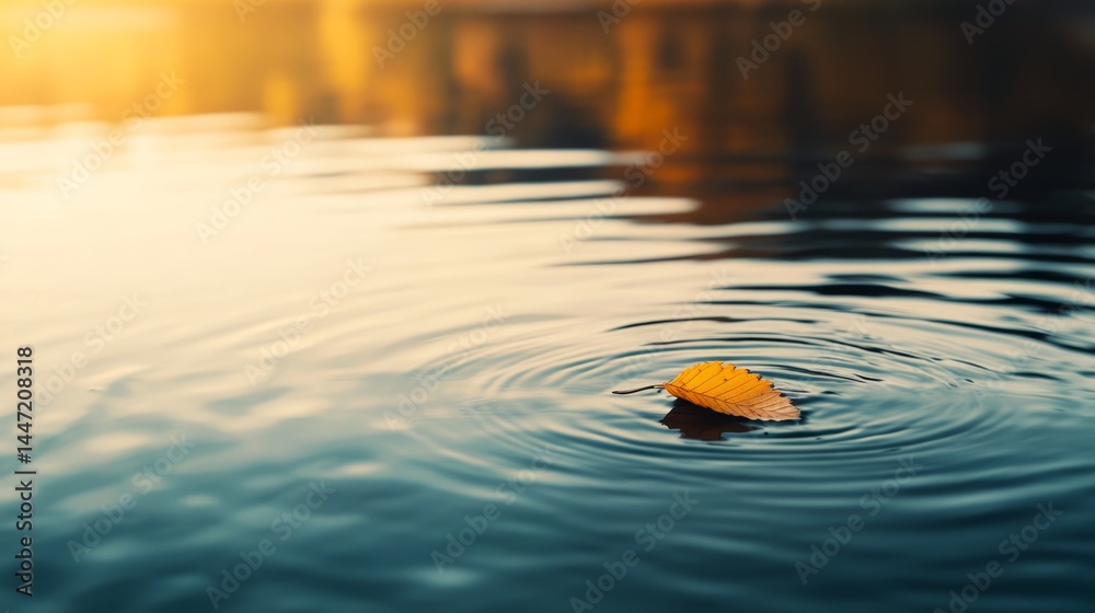 Poster a single autumn leaf floats on a calm pond, creating gentle ripples. the warm colors of nearby trees