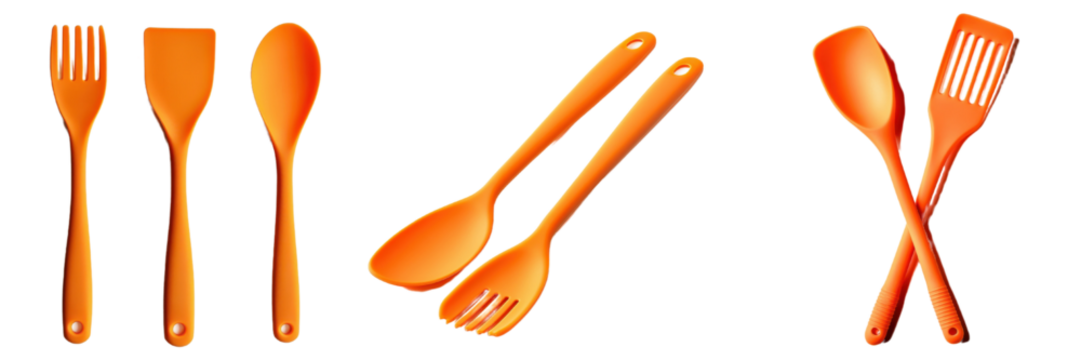 A set of seven silicone spatulas, isolated on transparent Background