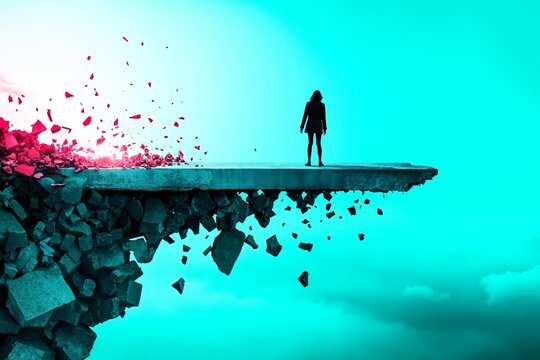 A person standing on top of a cliff with broken pieces of glass falling off of it