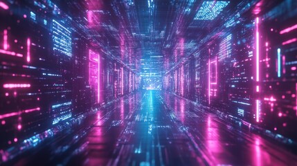 Obraz premium Neon Digital Corridor: A Futuristic Cyberpunk Tunnel of Light and Code