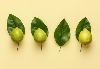 Bright Green Limes and Leaves on Yellow Background