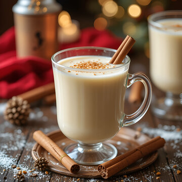 Traditional winter and Christmas drink egg nog in beautiful glass cups on the table with cinnamon