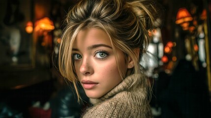 Fototapeta premium A woman with blonde hair and green eyes is wearing a brown sweater. She is standing in front of a lamp