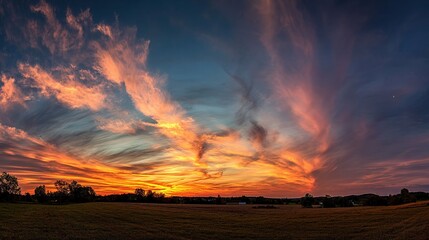 Obraz premium Vibrant Sunset Panorama with Rippled Clouds Over Open Landscape