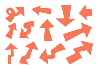 Orange Hand Drawn Arrow Symbol. A bold collection of 12 orange hand drawn arrow icons in unique directional shapes including loops, curves, zigs, notches, and more. Perfect for navigation signage