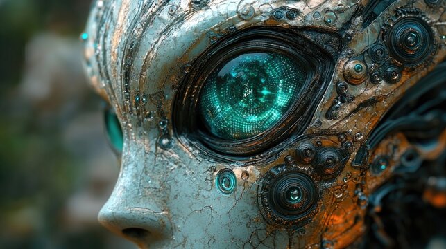 Close-up of a futuristic alien's intricate face.