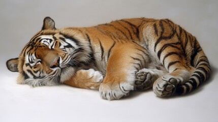 Fototapeta premium Resting tiger portrait showcasing majestic stripes and peaceful composure, conveying tranquility and strength in natural light photography, stunning wildlife scene