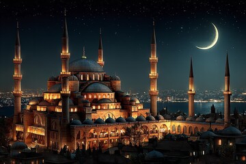 Obraz premium At night, during Ramadan festivities, the blue mosque is lighted by the crescent moon, city lights, and the silhouettes of minarets. Generative Ai