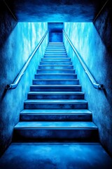 Fototapeta premium A set of stairs in a dark blue room with blue lighting