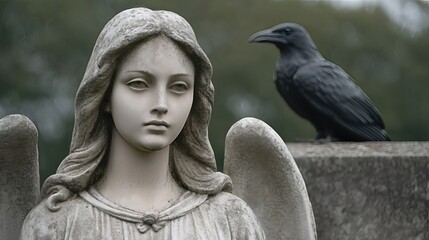 Fototapeta premium A stone angel gazes into the distance in the eerie gothic cemetery, as a raven silently watches from above, enhancing the spooky and unsettling mood of the place.