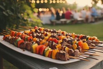 Grilled meat skewers with colorful bell peppers are displayed outdoors. It shows summer BBQ party, suitable for food and event related designs.