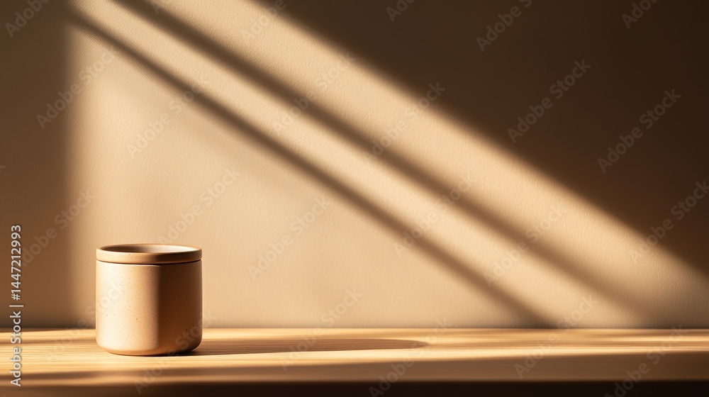 Fototapete Sleek porcelain jar filled with translucent liquid rests on a minimalist surface, illuminated by soft natural light, creating an elegant and serene composition