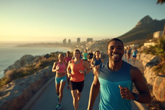 A diverse group of individuals in sports attire walks together on a coastal path, sharing smiles and showing determination for a charitable cause