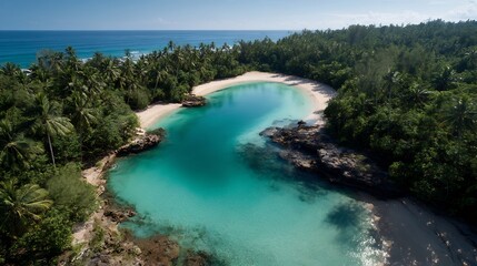 Obraz premium Breathtaking aerial view of tranquil lagoon surrounded by lush tropical forest