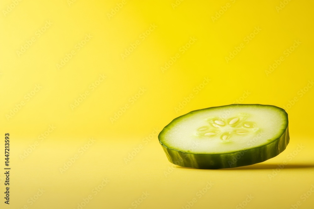 Poster Thin slice of cucumber showcasing its texture and seeds, set against a pale yellow backdrop, offers a clean aesthetic with ample space for text or design