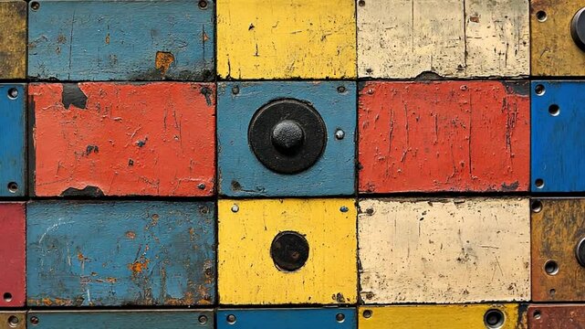 Colorful wooden blocks arranged in a geometric pattern, showcasing wear and texture details