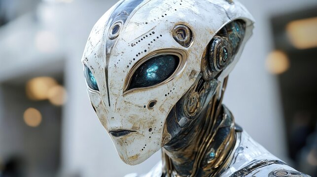 Close-up view of a futuristic, metallic alien-like robot head.