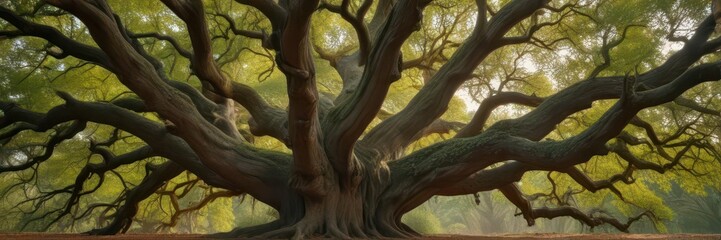 Naklejka premium Ancient oak's massive trunk and sprawling branches fill the frame from below , bark, fall, textured