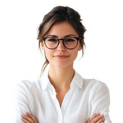 Fototapeta premium Portrait of a confident female teacher wearing glasses in a classroom setting without distractions, Portrait a Female Teacher with Glasses on Transparent background