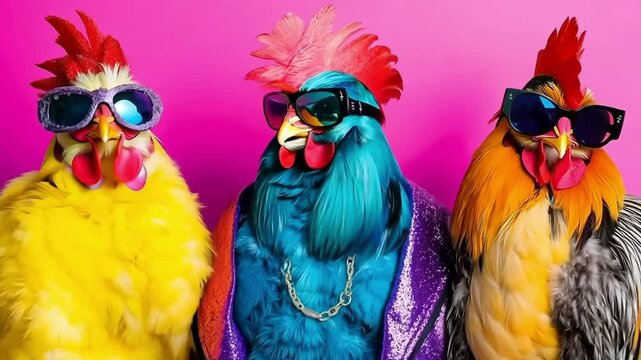 Three colorful chickens wearing sunglasses on a pink background