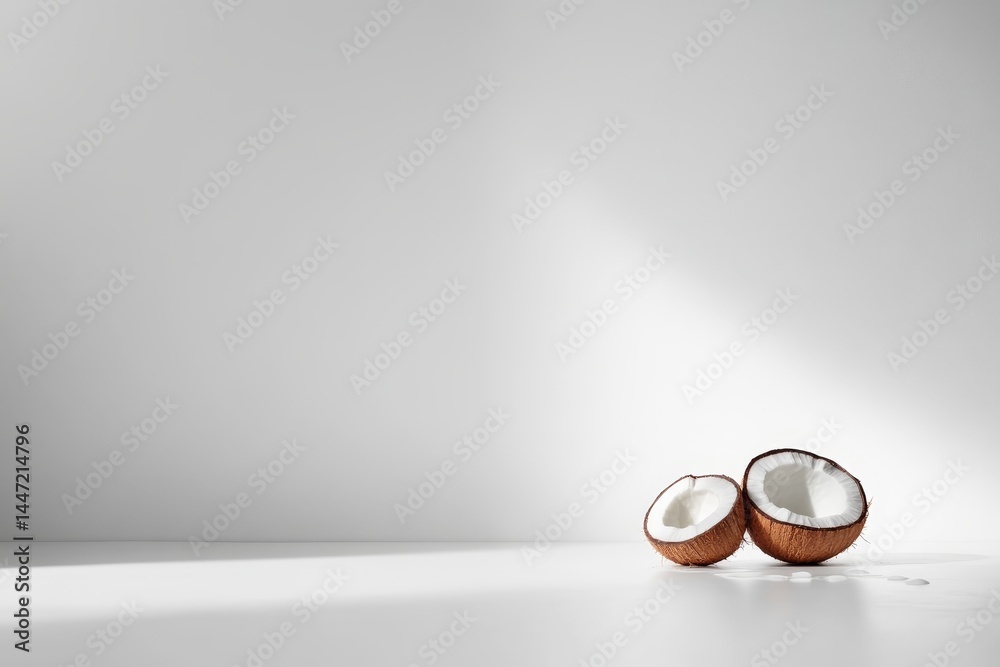 Poster a halved coconut rests on a smooth white surface, showcasing its textured shell. droplets of coconut