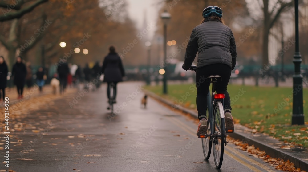 Poster a lone cyclist moves gently along a path surrounded by vibrant autumn foliage, as walkers and a smal