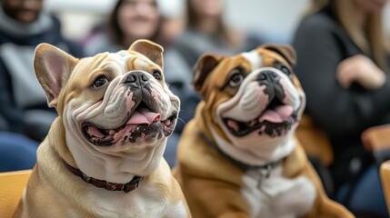 Two bulldogs are sitting in chairs with people in the background. Use this for funny memes or expressing unconditional love.